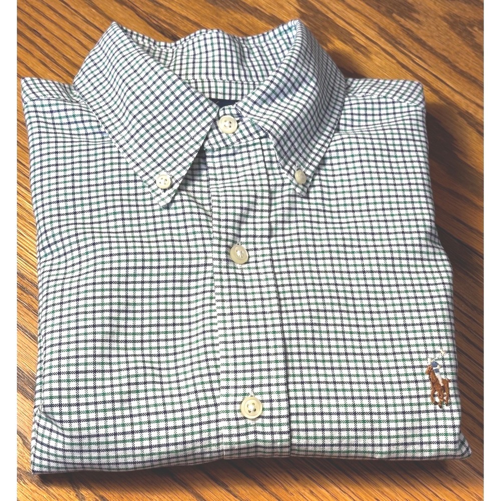 Polo Ralph Lauren Mens Green Navy Tattersall Check Button Down Shirt L/S